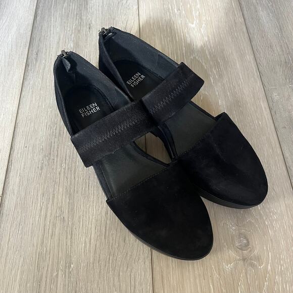 Eileen Fisher Marlow Mary Jane Women's 8 Black Suede Low Wedge Shoe Zip Back - Picture 3 of 10